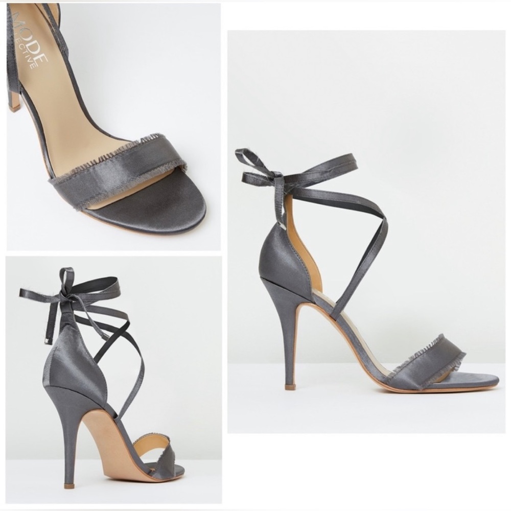 NIB: MODE COLLECTIVE Arielle Heel Satin Lace-up Sandal in Charcoal Gray Size 38